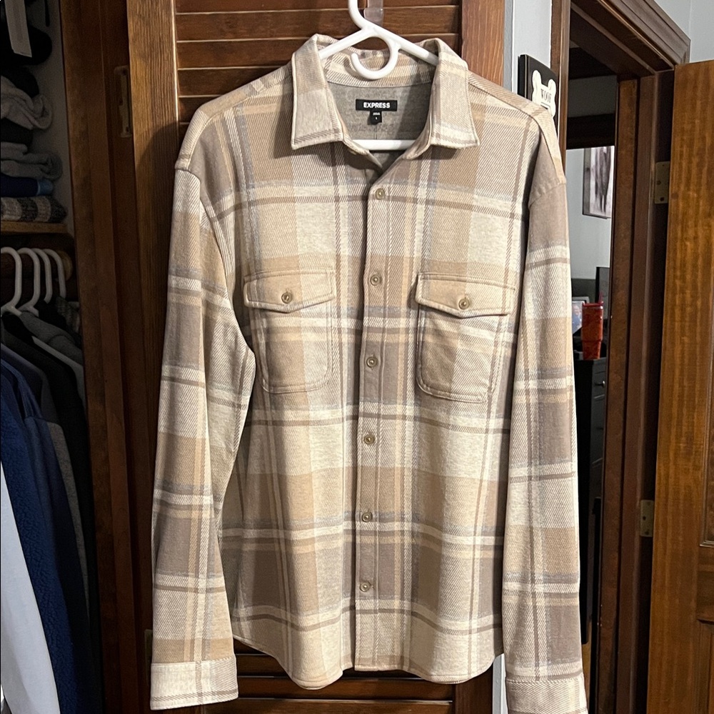 Express Tan Plaid Casual Button Down Shirt